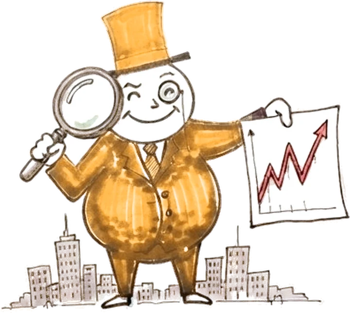 Mr. Denaurum, the Denaurum mascot, holding a magnifying glass and a rising chart
